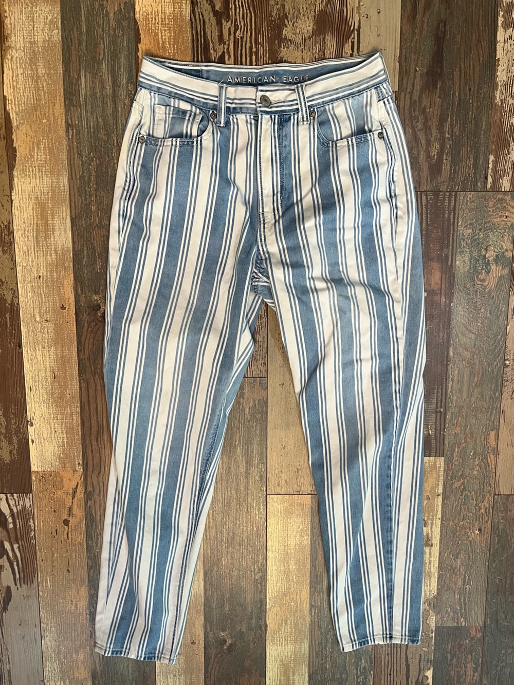American Eagle Outfitters Blue and White Striped Straight-Leg Jeans